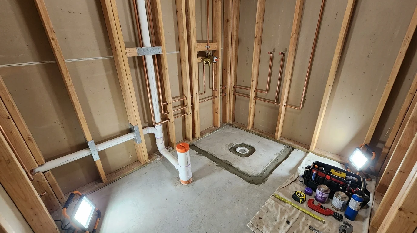 Bathroom rough-in plumbing during remodel by Johns Plumbing LLC in Malakoff