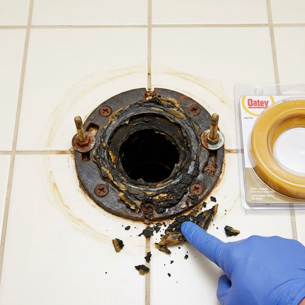 Failed wax ring showing water seepage at the base of a toilet in a Malakoff, TX home