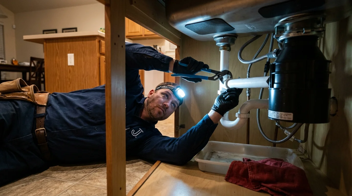 P-trap and supply line connections under a kitchen sink showing a common leak point in Malakoff, TX